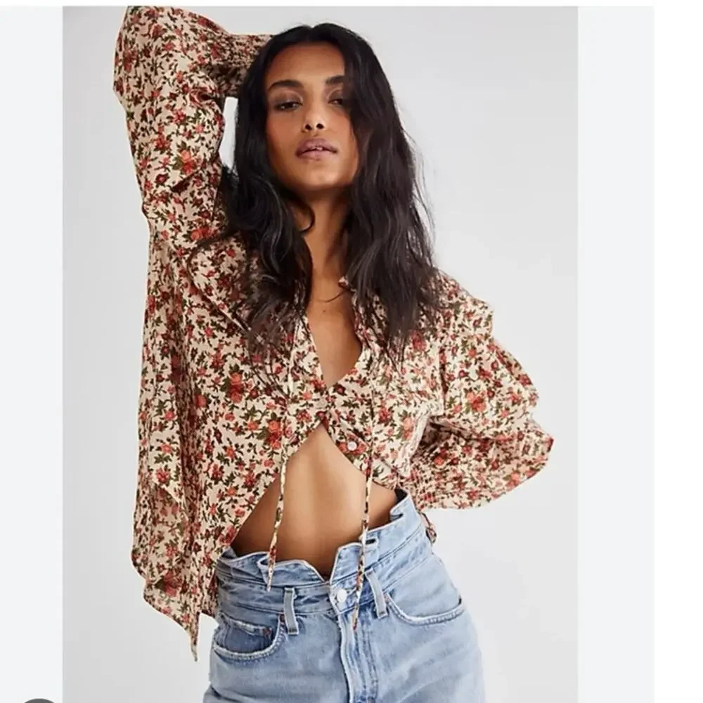 FREE PEOPLE Meant to Be Blouse Vintage Combo Boho Floral  Puff Sleeve SMALL